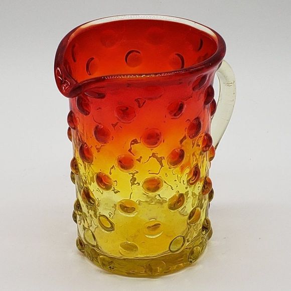 Mini Amberina Vintage Hand Blown Hobnail Glass Pitcher or Vase w/Applied Handle - Picture 11 of 14